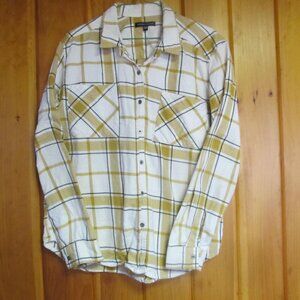 Womens Mustard Yellow Flannel Shirt sz XS S White Yellow Navy Blue Plaid Womens